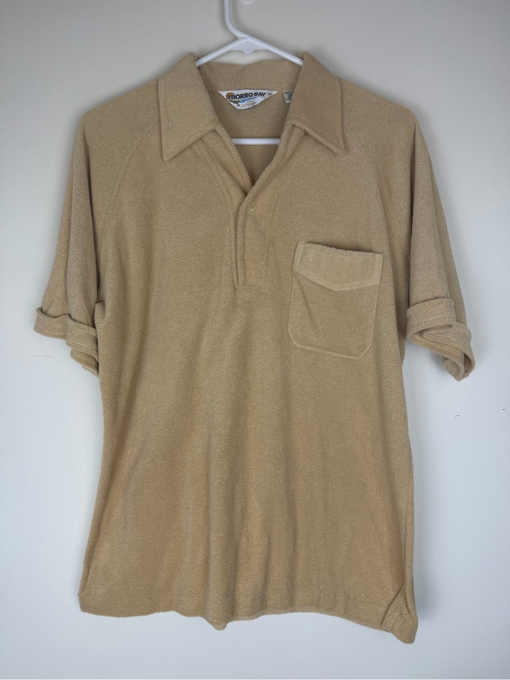 Vintage 70s JCPenney Morro Bay Men’s Tan Natural Terrycloth Polo Shirt Medium